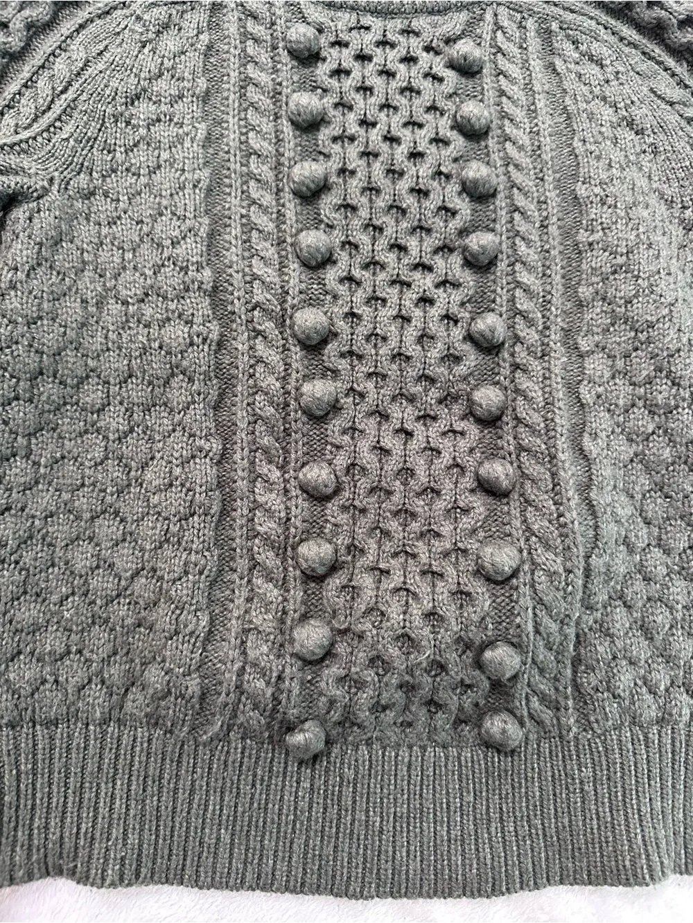 J.Crew Olive Green Cable Knit Sweater Women’s Crew Neck Pom Pom Textured Long XS